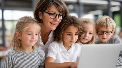 Obraz premium Smiling teacher helps young students with silver laptop in bright classroom setting with natural light