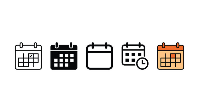 Five different colored  calendar icon in various styles and colors side by side