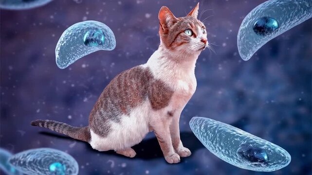 Domestic cat surrounded by Toxoplasma gondii tachyzoites, 3D animation illustrating the feline definitive host and life cycle transmission of toxoplasmosis.