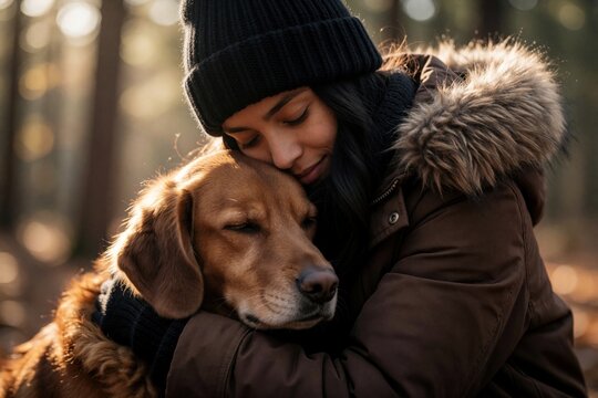 Woman embraces loyal dog outside in forest. Close up bonding moment shows affection. Girl in winter coat cuddles furry friend, human animal connection feels warm.