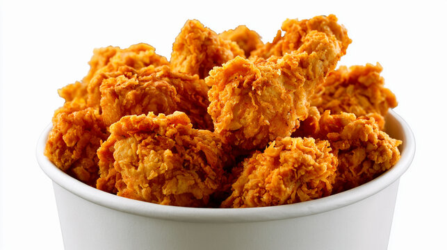 Crispy fried chicken pieces in a white paper bucket