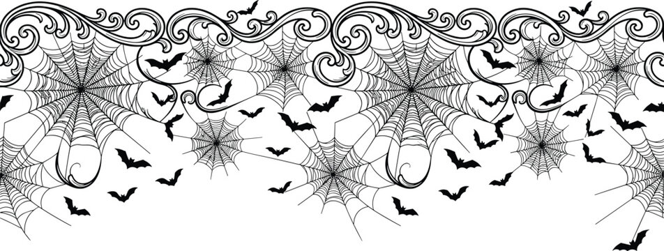 Gothic halloween spider web border vector featuring ornamental swirls cobwebs and flying bats illustration