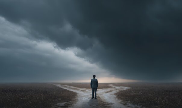 Businessman standing at a crossroads in a vast field under a dramatic dark stormy sky clouds