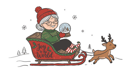 Fototapeta premium Festive Sleigh Ride: A joyful grandmother, bundled in a red hat and sweater, enjoys a whimsical sleigh ride pulled by a reindeer, holding a snow globe, ready for the holiday season.