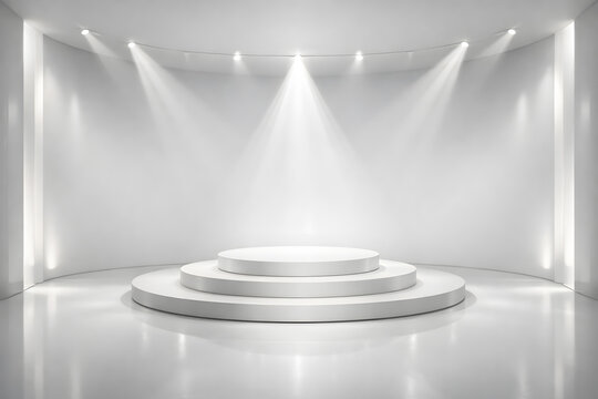 White Spotlight Stage With Three-Tiered Round Podium for Award Presentation