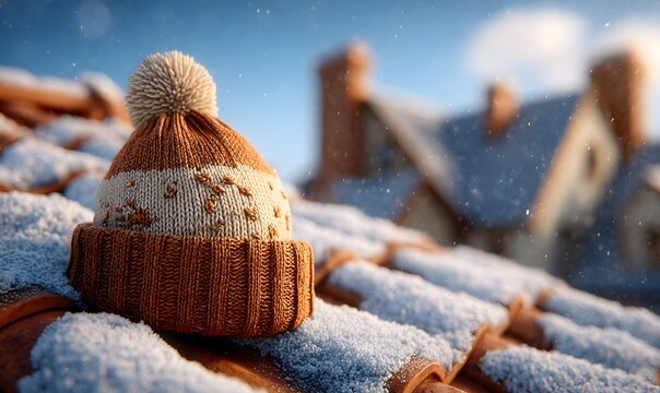 Cozy knitted winter hat sitting on a snow covered roof with blurred house in the background