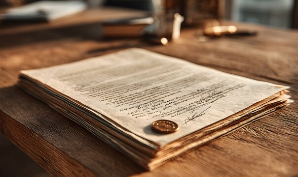 Old vintage parchment paper document with a wax seal on a rustic wooden desk in warm sunlight