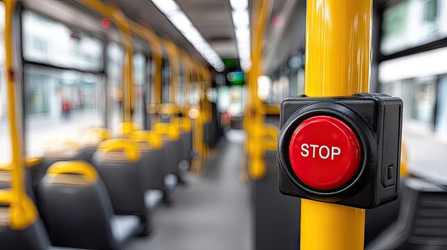 Close up view of a round red stop button on yellow pole inside a bus showcasing interior passenger seating and natural light