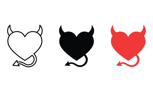Set of three devil heart icons with horns and a tail in outline black and red styles for valentines day design elements isolated on white background