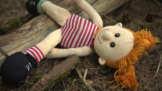 Lost Plush Girl Doll Lying on the Forest Floor