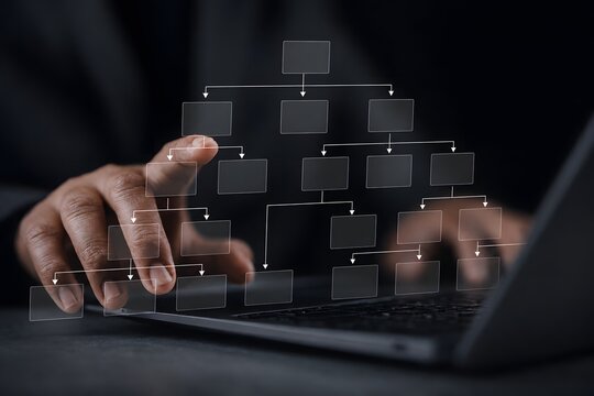 Businessman using laptop to make hierarchy structure. Company process and flowchart for workflow automation. Mind map or Organigram. Relations of order or subordination between team members.