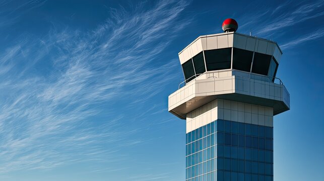 Control tower with observation cabin and red beacon under bright blue sky