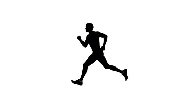 Silhouette of a male runner in motion, captured in a dynamic stride across a white background. This graphic embodies athletic prowess and the pursuit of speed