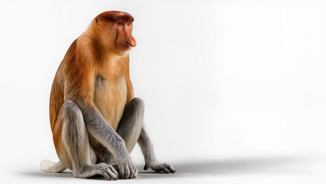 Adult Proboscis Monkey Isolated on Seamless White Studio Background