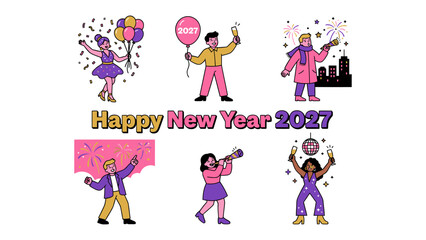 Fototapeta premium New Year Celebration 2027: A vibrant collection of illustrated figures revels in the festive spirit of New Year's Eve, complete with balloons, confetti, sparklers, and champagne.