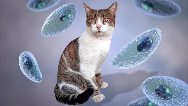Domestic cat surrounded by Toxoplasma gondii tachyzoites, 3D animation illustrating the feline definitive host and life cycle transmission of toxoplasmosis.
