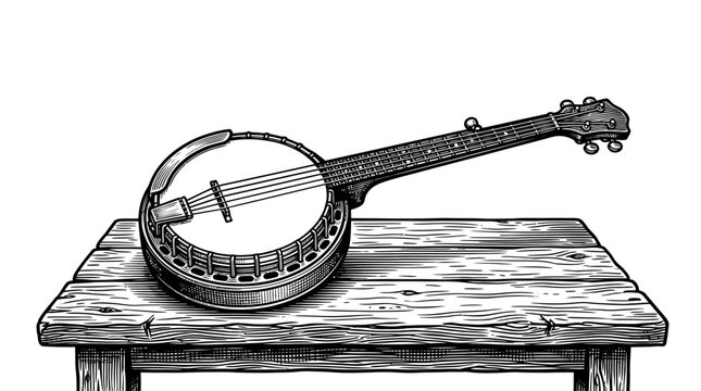Acoustic banjo instrument resting on rustic wooden table engraving.