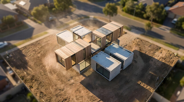 Aerial view of modular units assembled in geometric cluster.