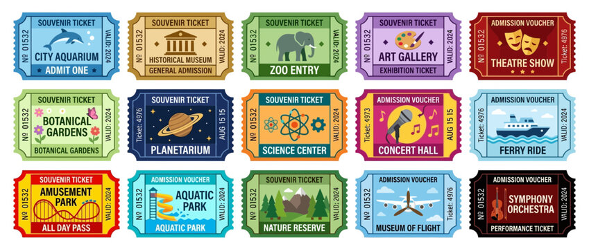 Collection of colorful vintage admission tickets for various attractions