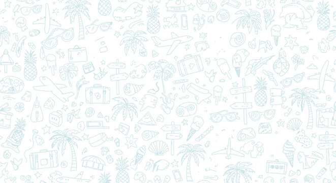 Travel doodle pattern light blue background seamless summer vacation objects set airplane suitcase palm tree pineapple beach theme decorative wallpaper.