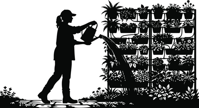 Woman Watering Vertical Garden Plants With Can Vector Silhouette
