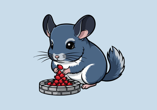 Cute chipmunk eating red berries from stone dish