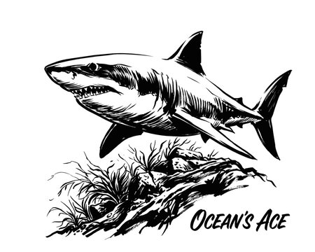 Great white shark ink illustration. Hand drawn marine predator sketch. Nautical underwater theme. Ocean wildlife graphic art.