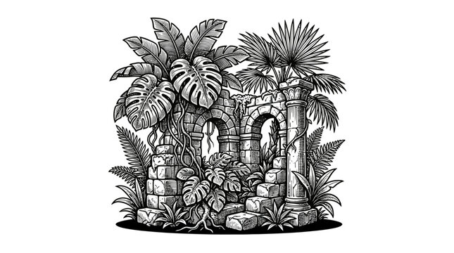 Ancient stone ruins overgrown with tropical jungle plants.