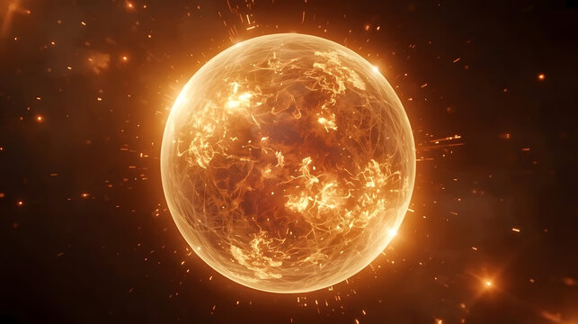 A vibrant, fiery celestial body, possibly a star or a planet, glows intensely against a dark, star-speckled background.
