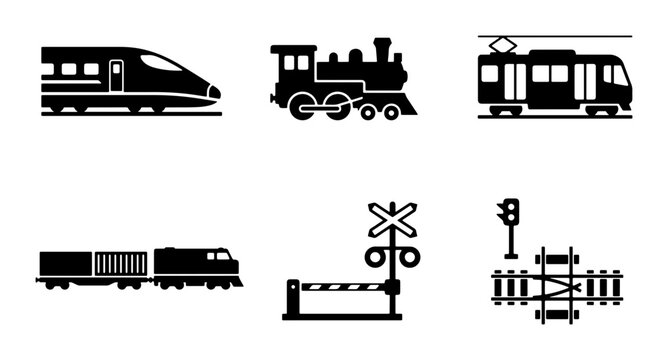 Diverse Train Icons Set: Modern Bullet, Steam Engine, Tram, Freight, Railway Crossing, Signals