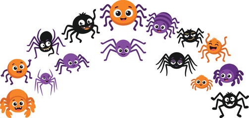 Obraz premium A collection of cute colorful cartoon spiders arranged in an arch for a fun happy halloween day celebration design