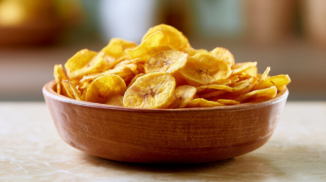 Bowl of crispy fried banana chips on a wooden table