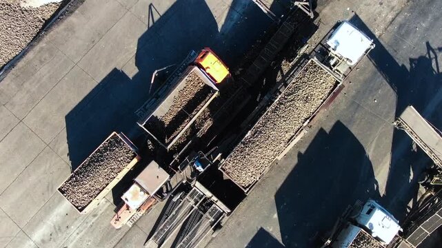 Aerial View of Industrial Site with Dump Trucks