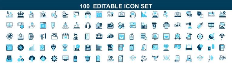Fototapeta premium Set of 100 business and technology line icons with blue and green accents for professional web design use