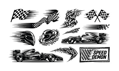 Fototapeta premium Racing Speed Elements, Formula 1 Cars, Helmets, and Checkered Flags Vector Set. Dynamic Motion Graphics for Motorsport Design.