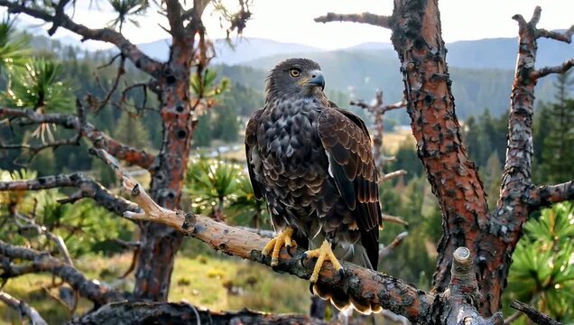 A majestic dark brown hawk with speckled feathers perches on a pine tree branch, overlooking a vast mountain landscape in natural light.