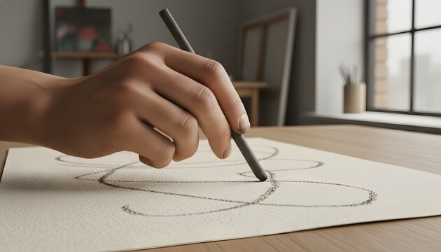 Close up of a left handed person drawing with charcoal pencil on textured paper inside a bright art studio for International Left-Handers Day art creative concept