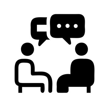 Two people having a conversation sitting on chairs - Simple black and white vector icon showing two people engaged in a dialogue while seated on chairs.