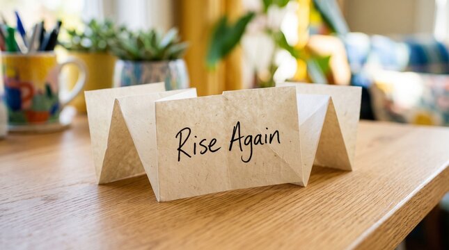 Cardboard sign with rise again message on desk