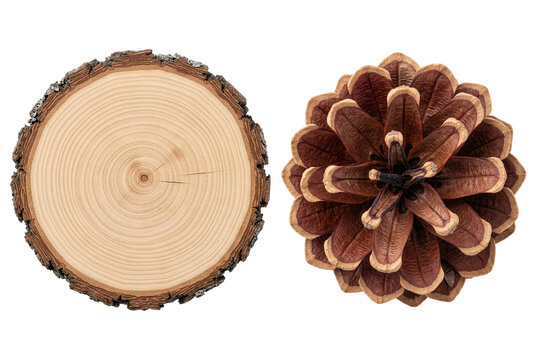 Tree Log Cross Section with Annual Rings and Pine Cone