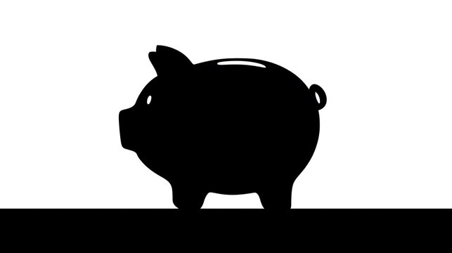 A black silhouette of a piggy bank with a slit on its back, standing on a dark surface against a white background