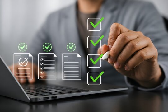Prepare check and approve concepts. Document management, paperless. Man touching on virtual screen to tick mark documents for online approve paperless quality assurance and ERP management.