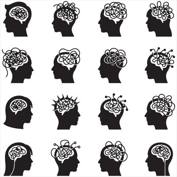 Set of confused mind and chaotic thoughts icons with confused psychology disorder thinking struggle confusion unorganized headspace internal collection illustration behavior emotions
