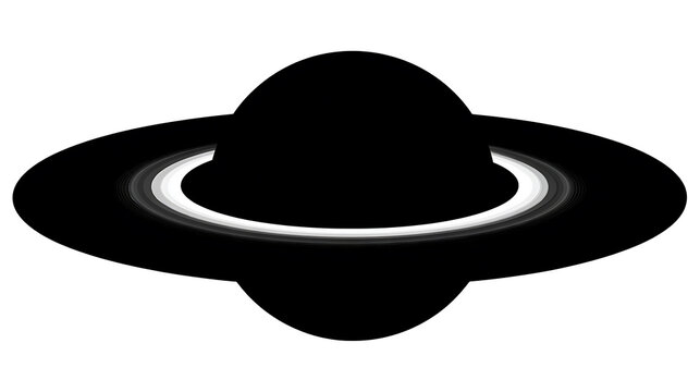 A stylized, minimalist representation of Saturn with its rings, rendered in stark black and white with subtle gray gradations, set against a dark backdrop.