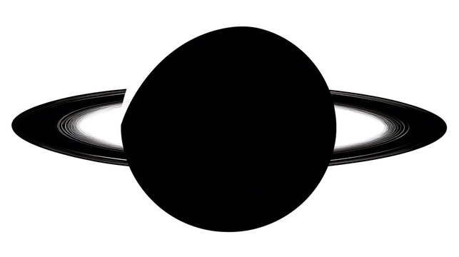 A graphic illustration of a dark celestial body surrounded by a ring system, reminiscent of a planet