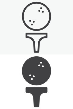 Golf ball on tee icon set with dimple dots in line, outline and solid different style. Editable stroke vector sign and symbol. Golf ball tee icon pair.
