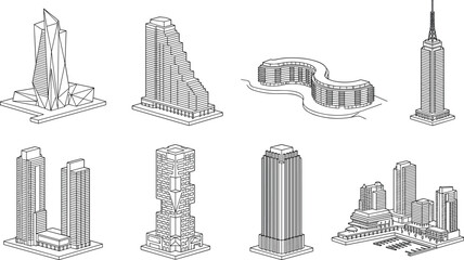 Obraz premium Black Silhouette Vector Set of Modern Skyscrapers, Twin Towers, Geometric Facades, and Contemporary Urban Architecture
