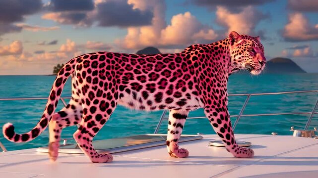 Spotted leopard strolling across the deck of a luxury yacht at sunset over turquoise tropical ocean, bathed in pink light and serene golden horizon.