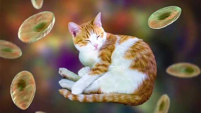 Domestic cat surrounded by Toxoplasma gondii tachyzoites, 3D animation illustrating the feline definitive host and life cycle transmission of toxoplasmosis.