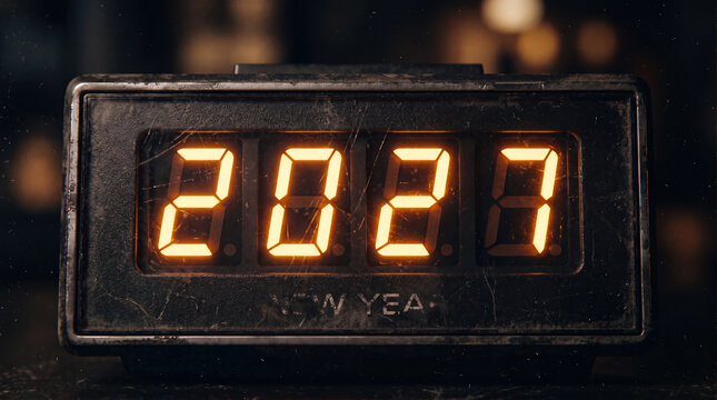 A distressed retro-style digital clock displaying the year 2027 and 'New Year' text.